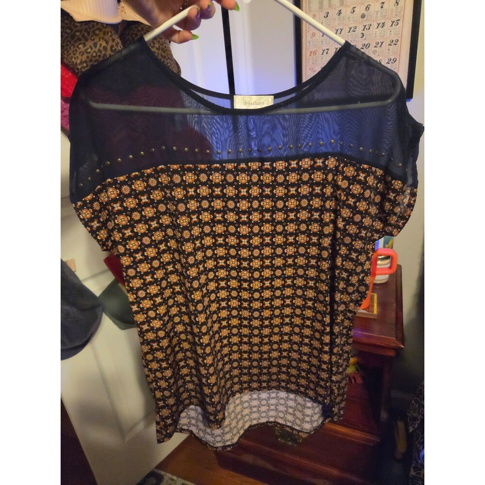 dressbarn Women's Mesh Yoke Studded Geometric Print Top